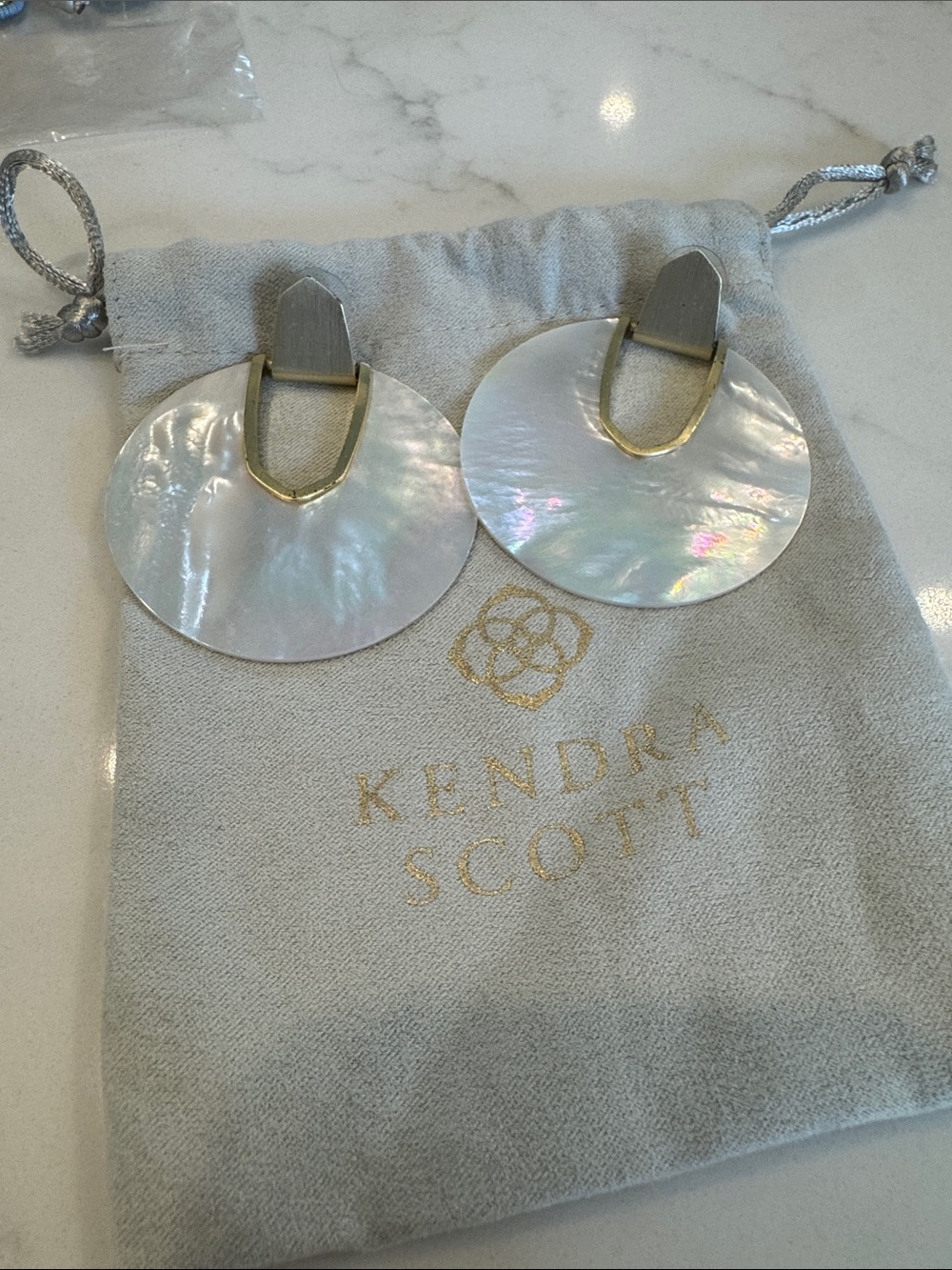 Kendra Scott Iridescent Shell Round Drop Earrings with Gold Accents